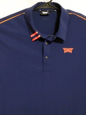PXG Shirt Mens Medium Short Sleeve Golf Performance Polo Navy Blue Orange Stripe